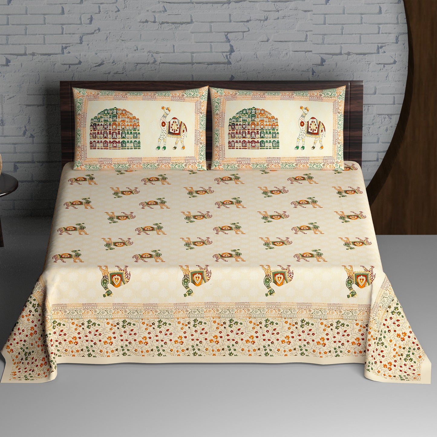 Multicolour Camel and Floral Jaal Print Cotton Double Bedsheet