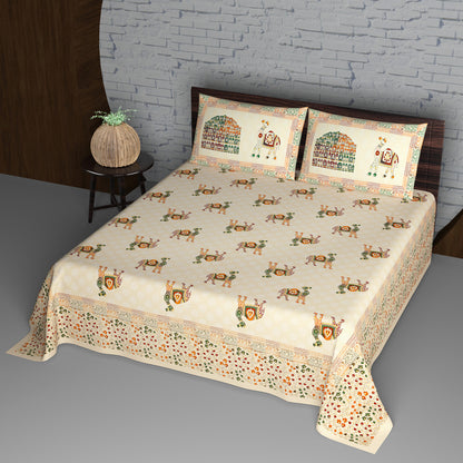 Multicolour Camel and Floral Jaal Print Cotton Double Bedsheet