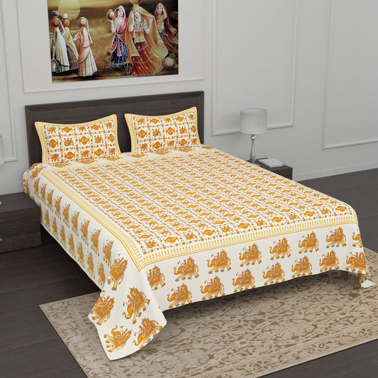 Yellow and Brown Elephant and Floral Bel Printed Cotton Double Bedsheet