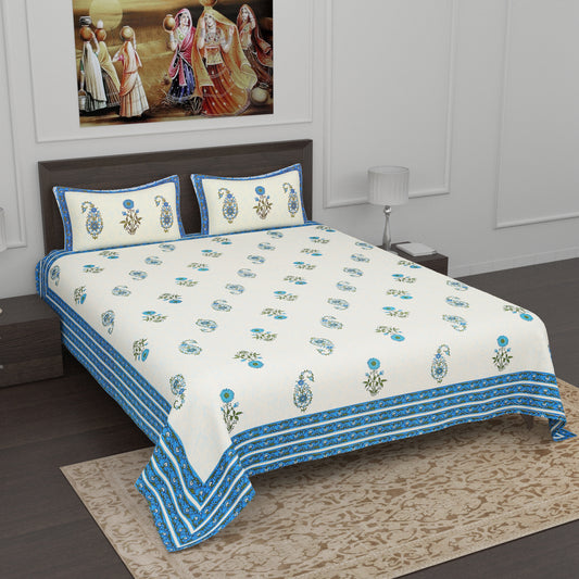 Blue and Green Sunflower Motif Print Cotton Double Bedsheet