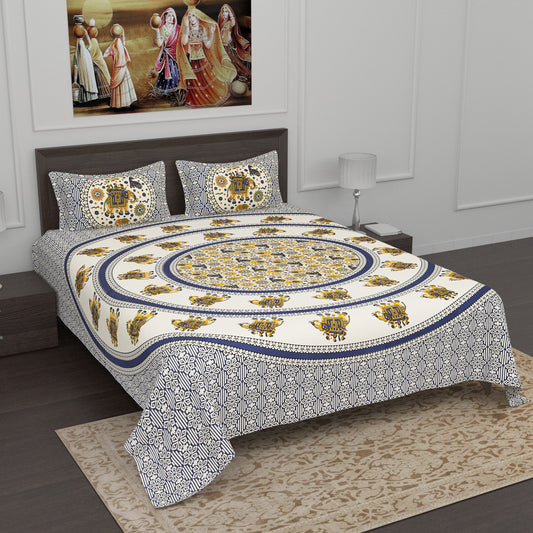 Blue and Yellow Traditional Maharaja Elephant Circular Pattern Printed Cotton Double Bedsheet