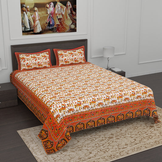 Red and Yellow Traditional Baraat Print Cotton Double Bedsheet