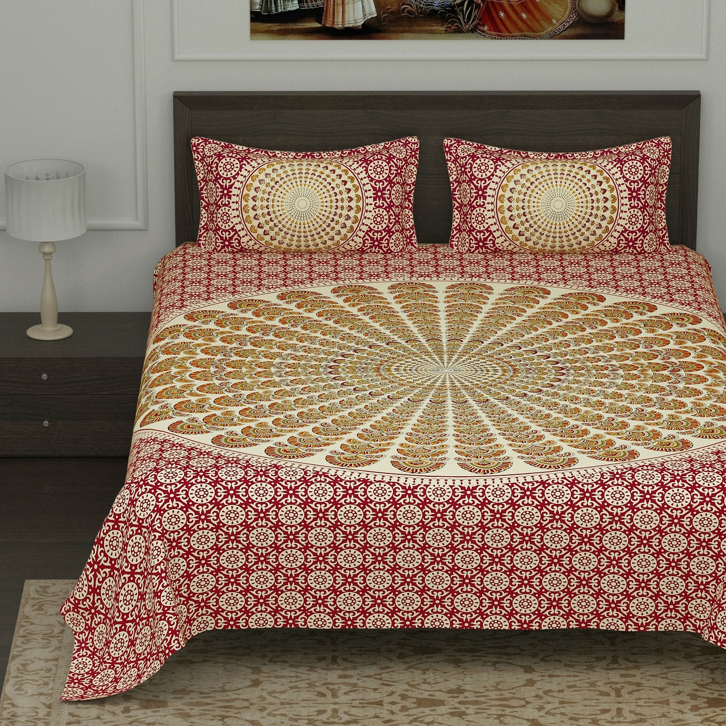 Maroon and Off White Mandala Print Cotton Double Bedsheet