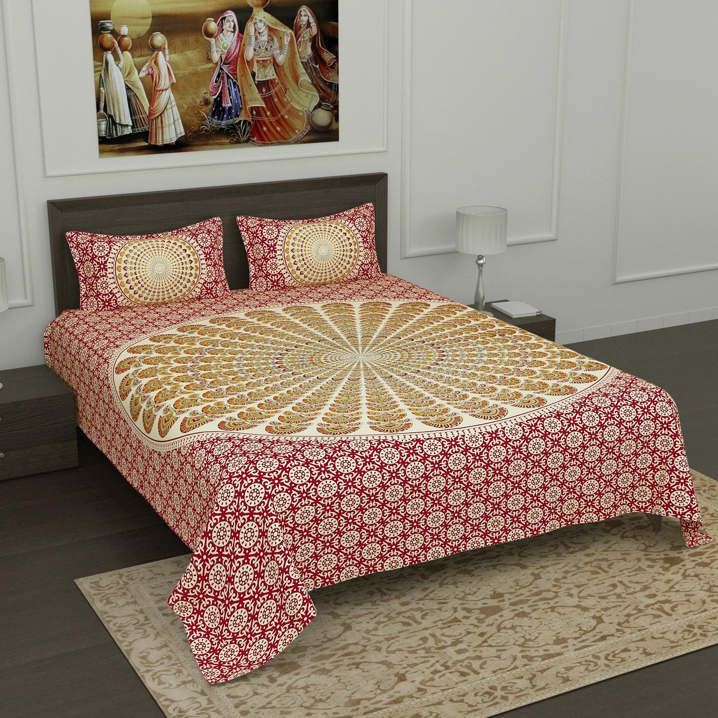 Maroon and Off White Mandala Print Cotton Double Bedsheet