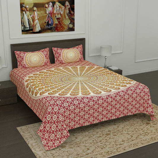 Maroon and Off White Mandala Print Cotton Double Bedsheet