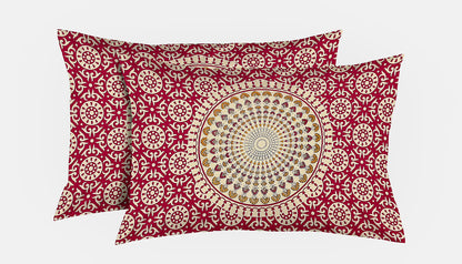 Maroon and Off White Mandala Print Cotton Double Bedsheet