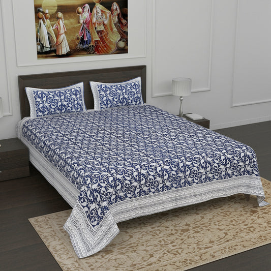 Indigo Blue and White Kalamkaari Print Cotton Double Bedsheet