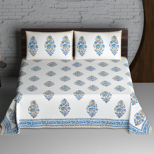 Blue and Golden Seamless Indian Mughal Floral Motif Hand Block Pinted Cotton Double Bedsheet