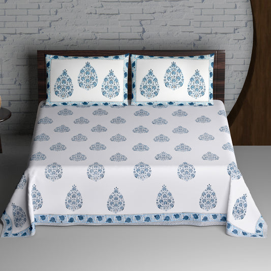 Sky Blue and Grey Seamless Indian Mughal Floral Motif Hand Block Printed Cotton King Size Bedsheet