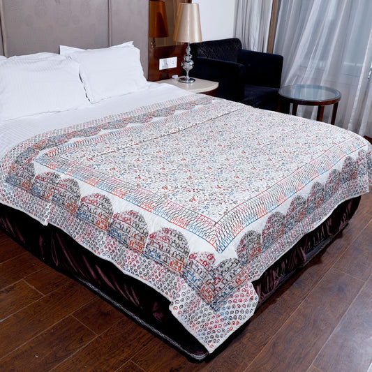 Multicolour Gold Printed Floral Jaal and Hawamahal Hand Block Print Cotton Sheet Mulmul Double Bed AC Comforter