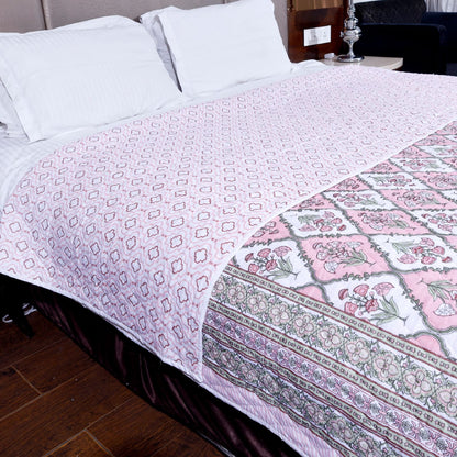 Pink and White Poppy Plant Motif Hand Screen Printed Cotton Sheet Double Bed AC Comforter