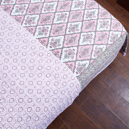 Pink and White Poppy Plant Motif Hand Screen Printed Cotton Sheet Double Bed AC Comforter