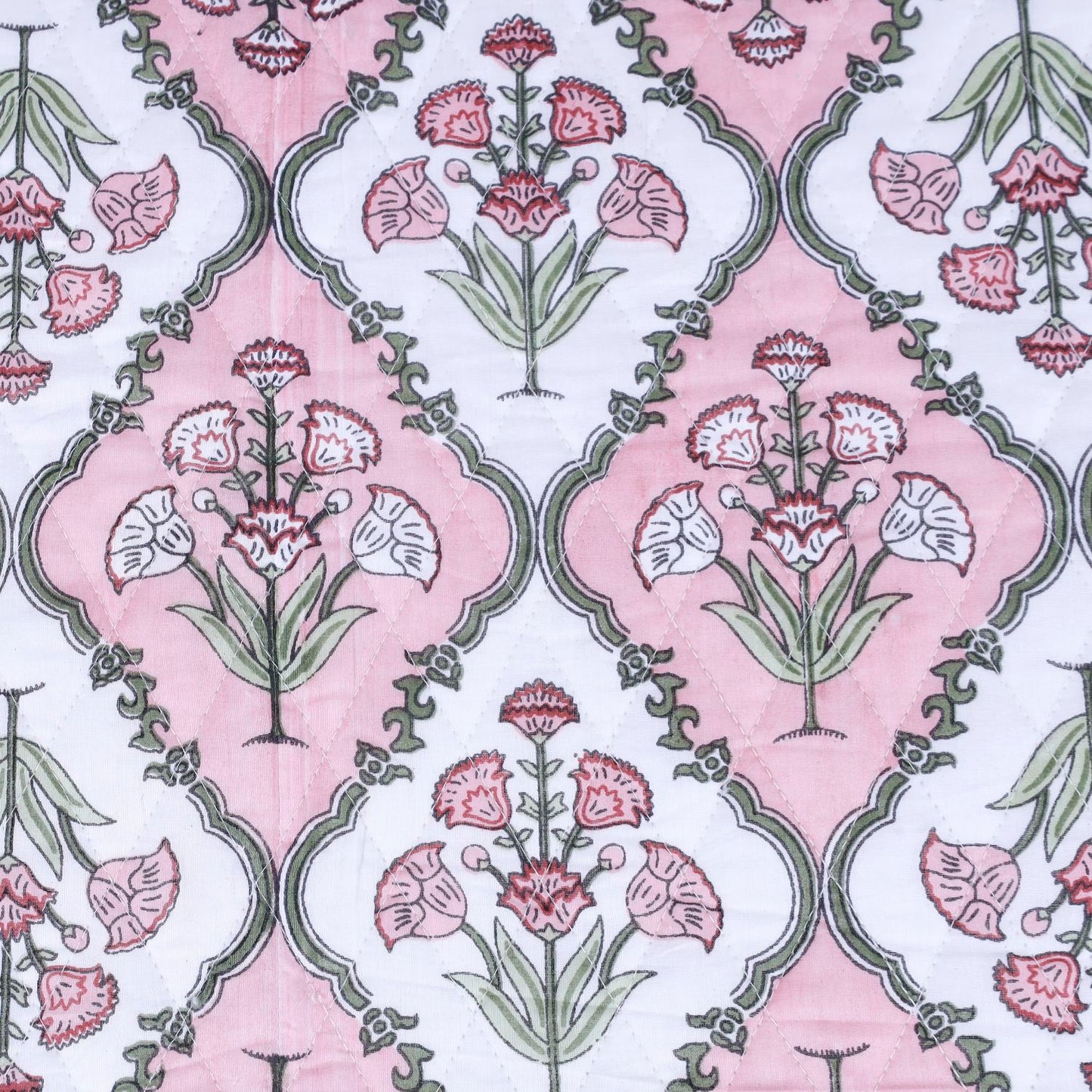 Pink and White Poppy Plant Motif Hand Screen Printed Cotton Sheet Double Bed AC Comforter