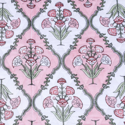 Pink and White Poppy Plant Motif Hand Screen Printed Cotton Sheet Double Bed AC Comforter