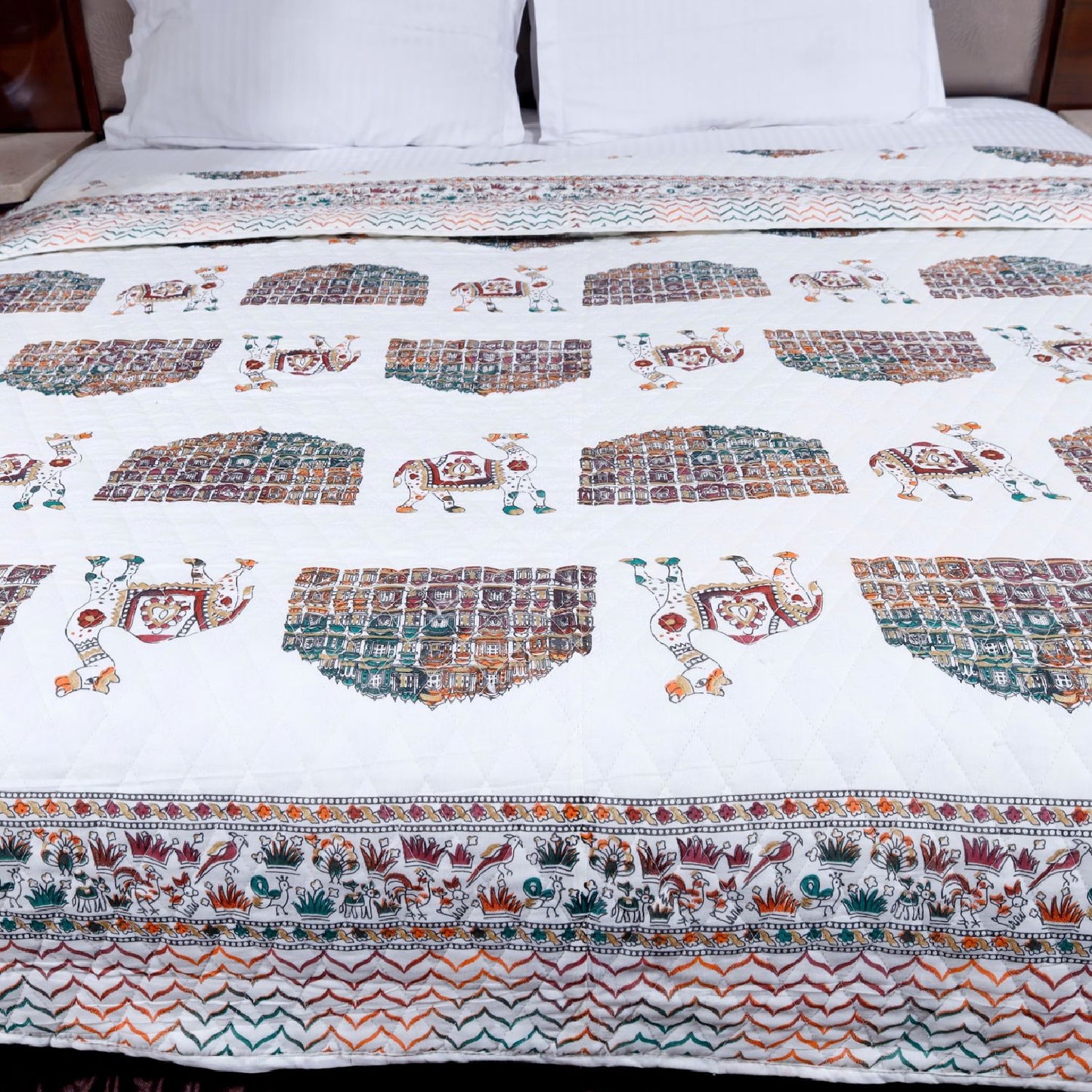 Multicolour Gold Printed Camel and Hawamahal Hand Screen Printed Double bed AC Comforter