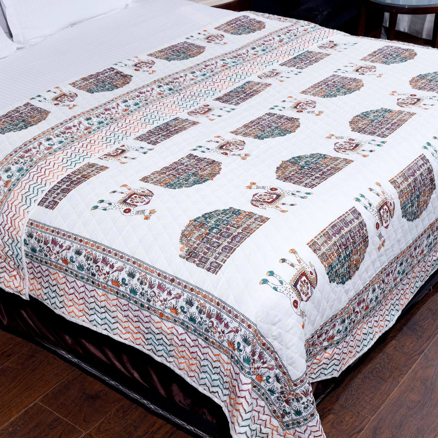 Multicolour Gold Printed Camel and Hawamahal Hand Screen Printed Double bed AC Comforter