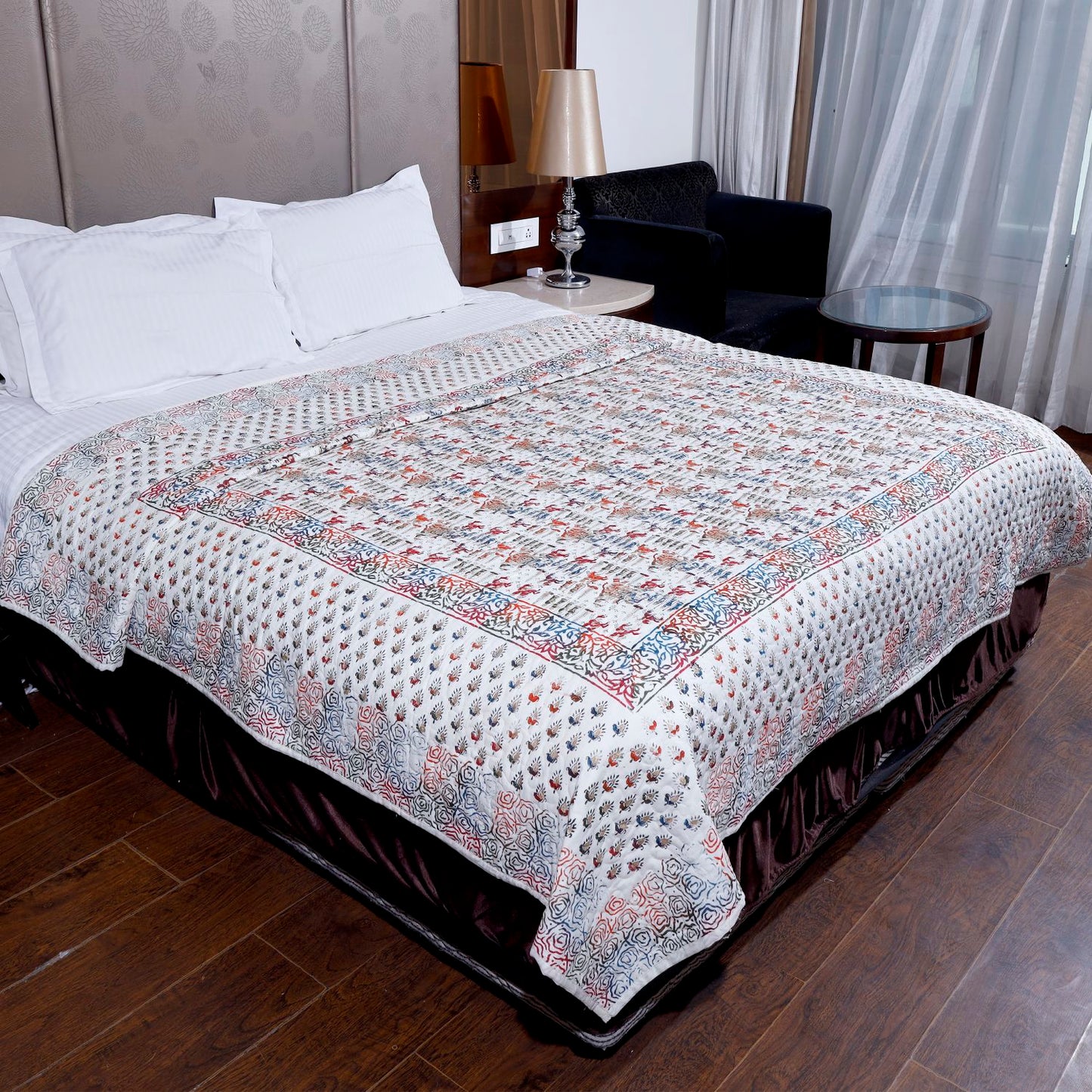 Multicolour Gold Printed Maharaja Baraat Hand Block Print Cotton Sheet Mulmul Double Bed AC Comforter