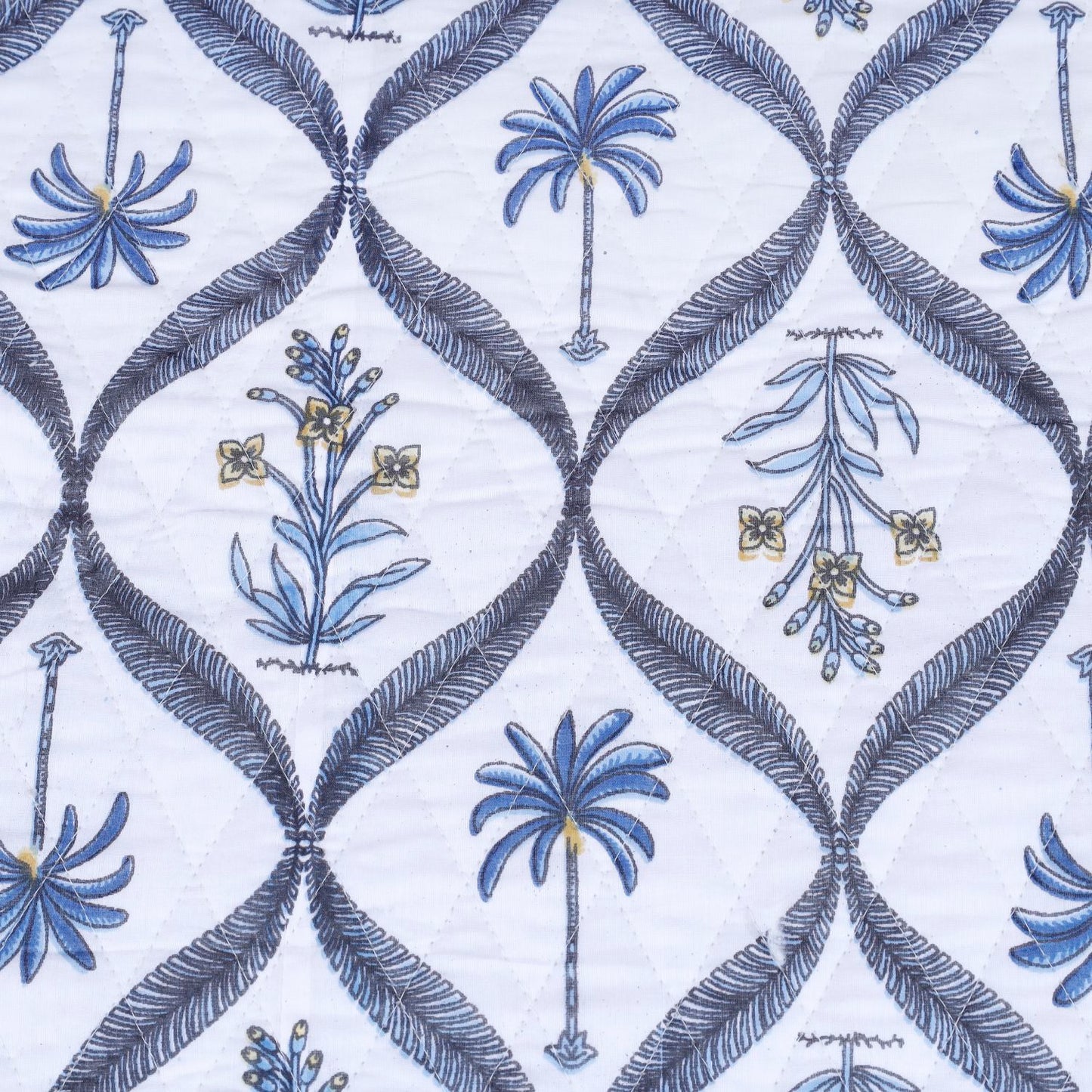 White and Blue Jasmine Flower and Palm Tree Hand Screen Printed Cotton Sheet Double Bed AC Comforter