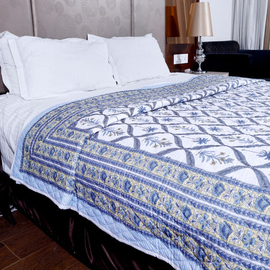 White and Blue Jasmine Flower and Palm Tree Hand Screen Printed Cotton Sheet Double Bed AC Comforter