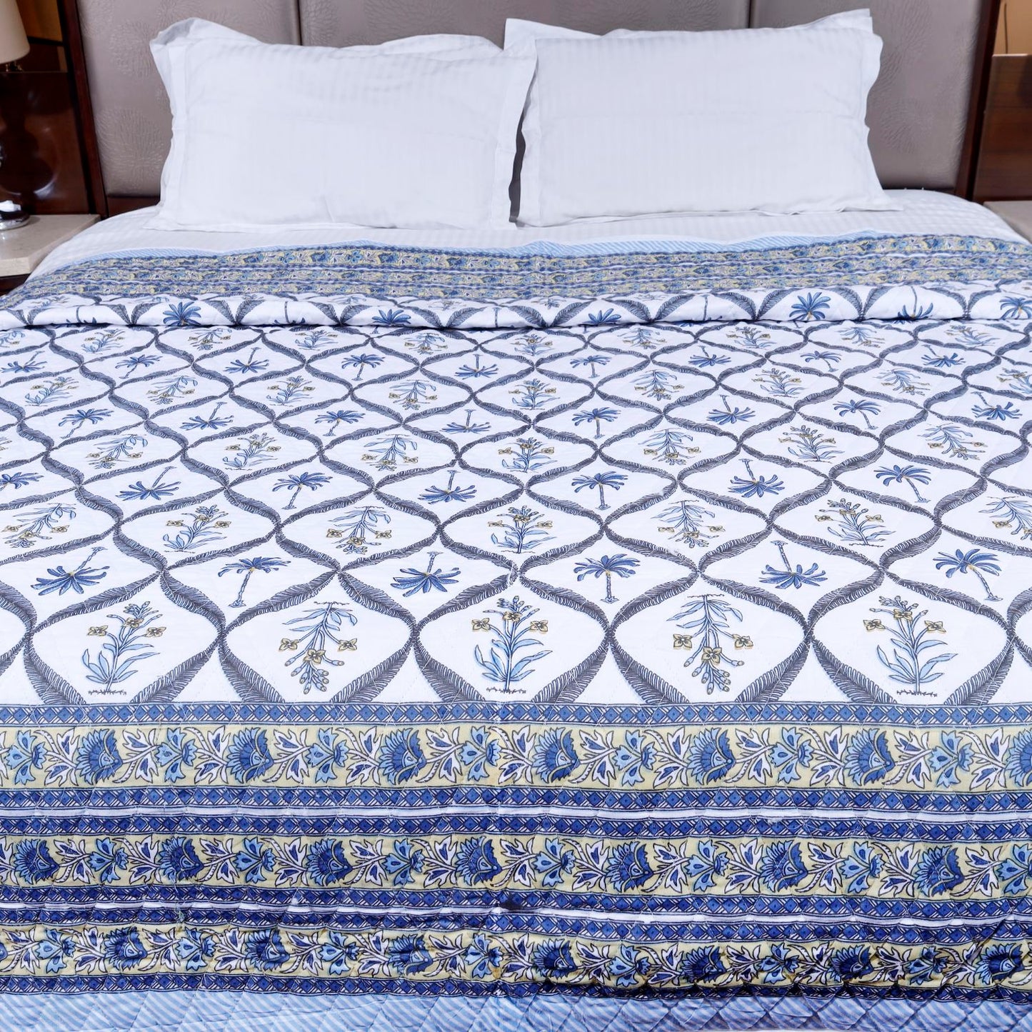 White and Blue Jasmine Flower and Palm Tree Hand Screen Printed Cotton Sheet Double Bed AC Comforter