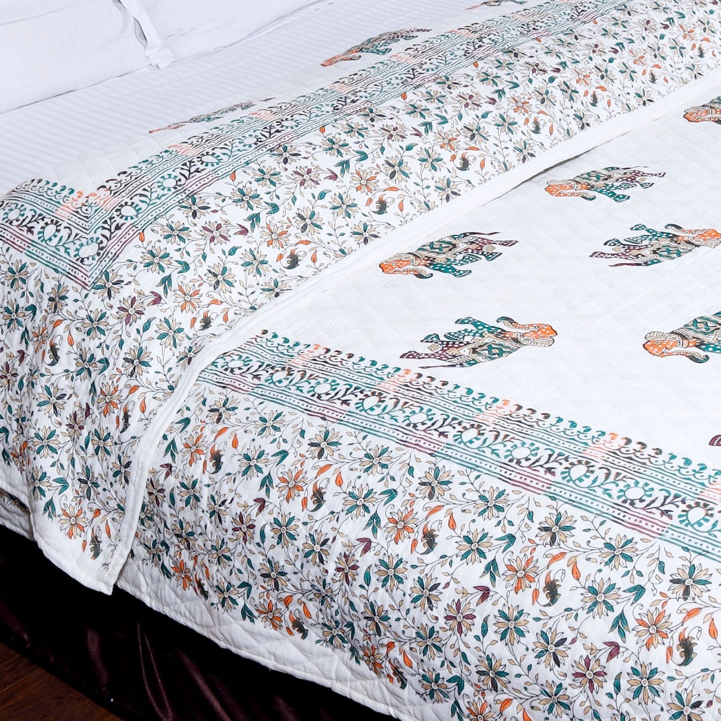 Multicolour Gold Printed Elephant and Floral Jaal Hand Screen Printed Double Bed AC Comforter