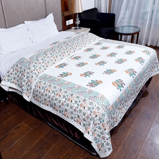 Multicolour Gold Printed Elephant and Floral Jaal Hand Screen Printed Double Bed AC Comforter