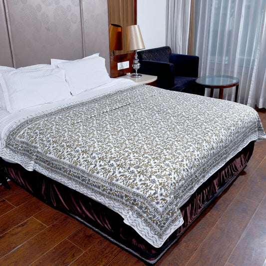 Brown and Grey Floral Jaal Hand Block Print Double Bed AC Dohar