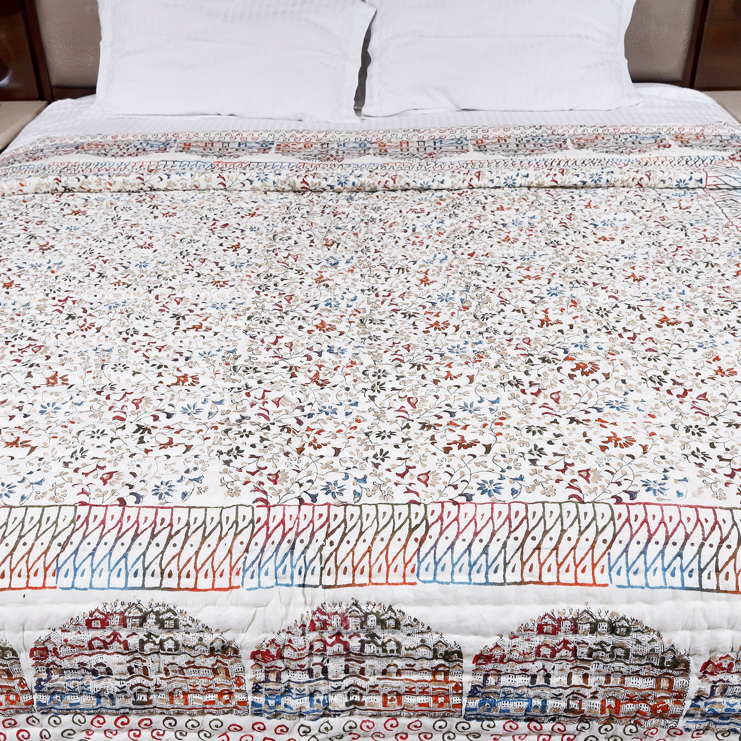 Multicolour Gold Printed Floral Jaal and Hawamahal Hand Block Print Cotton Mulmul Double Bed AC Quilt