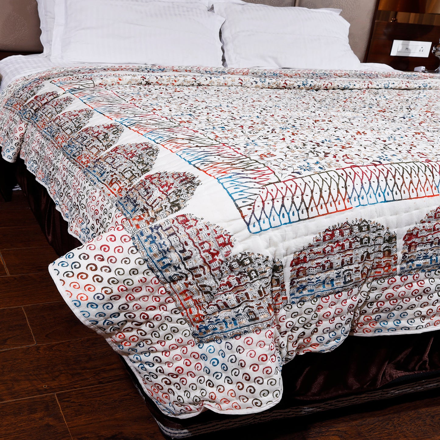 Multicolour Gold Printed Floral Jaal and Hawamahal Hand Block Print Cotton Mulmul Double Bed AC Quilt