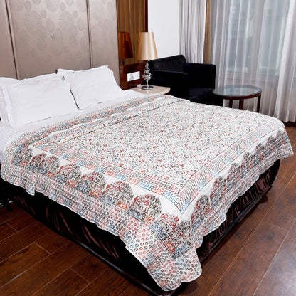 Multicolour Gold Printed Floral Jaal and Hawamahal Hand Block Print Cotton Mulmul Double Bed AC Quilt