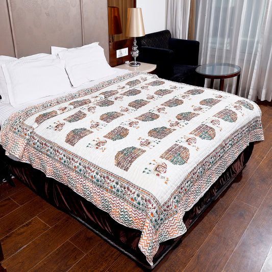 Multicolour Gold Printed Camel and Hawamahal Hand Screen Printed Double bed AC Quilt