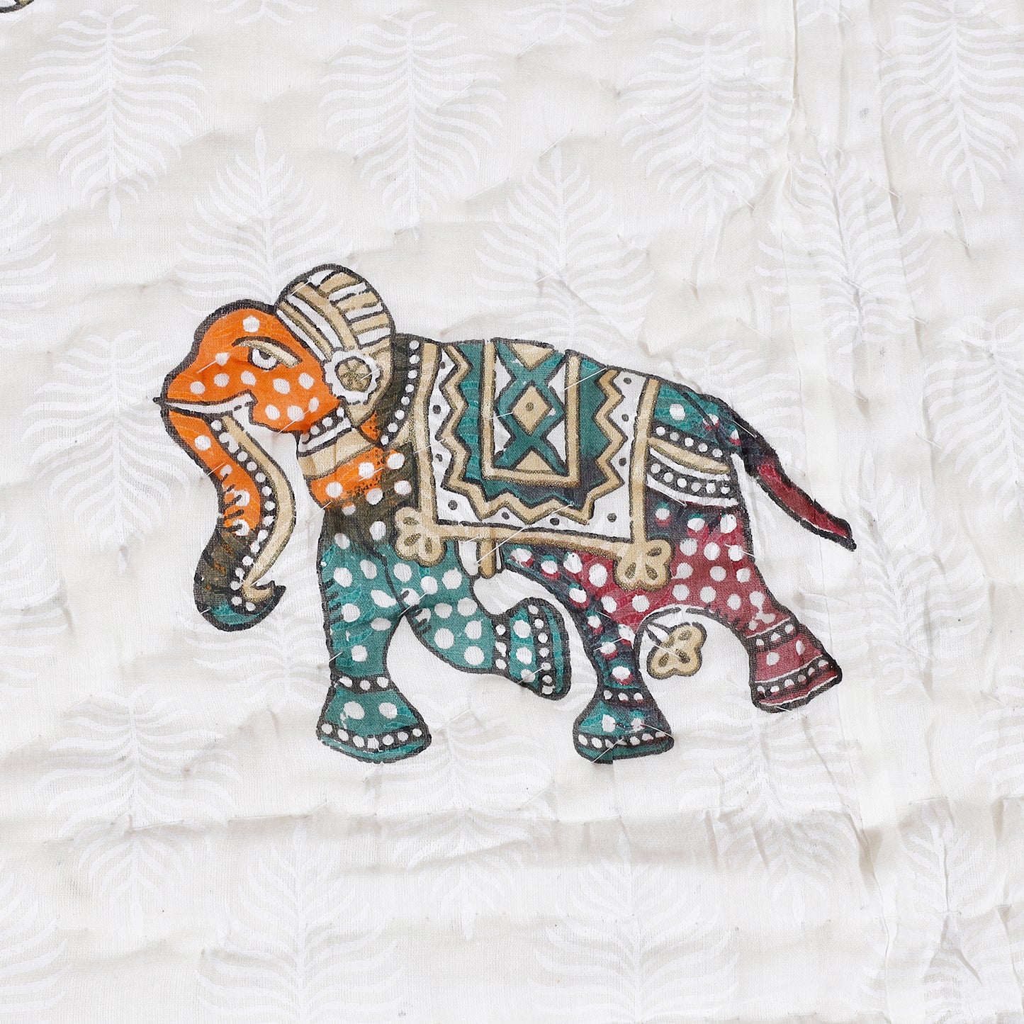 Multicolour Gold Printed Elephant and Floral Jaal Hand Screen Printed Double Bed AC Quilt