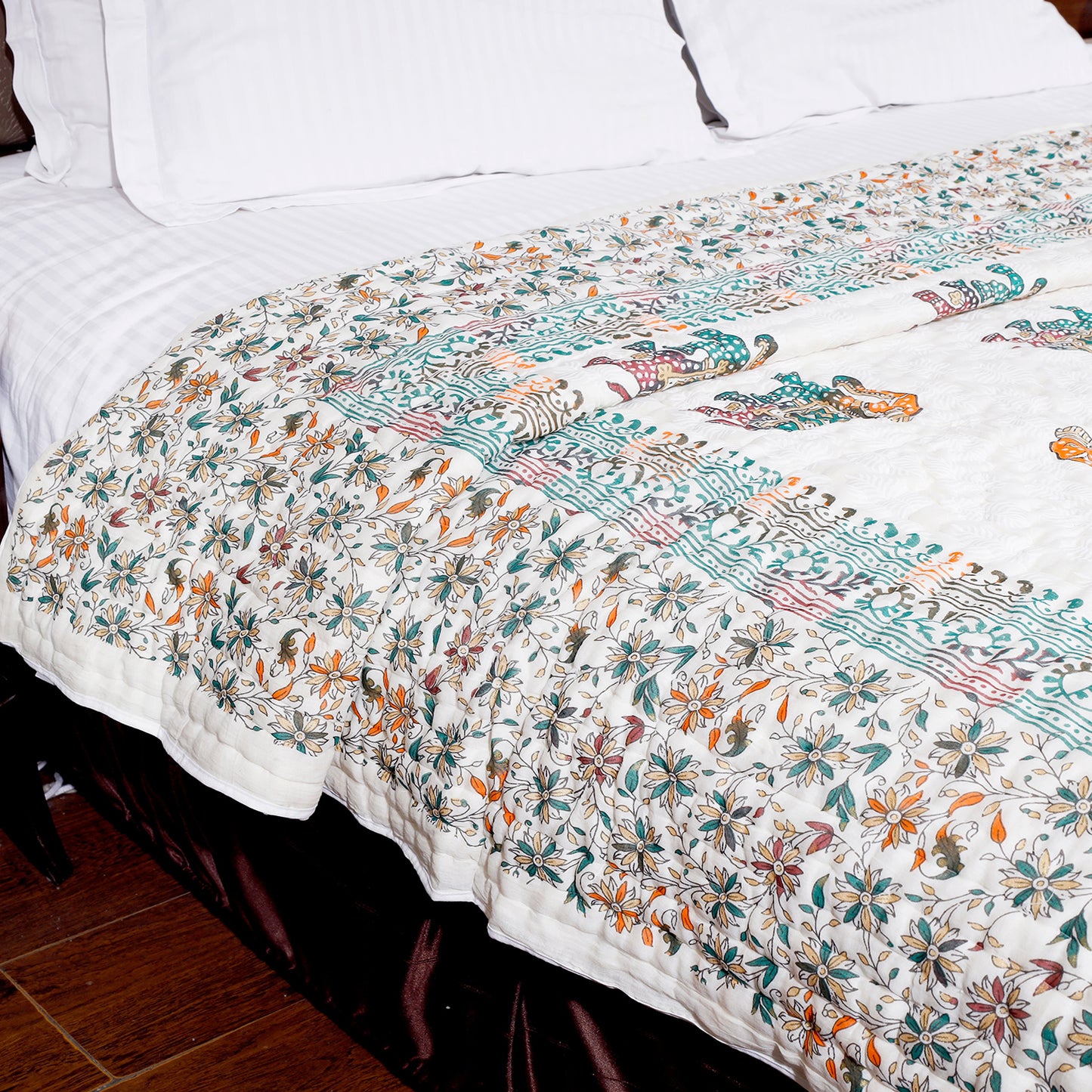 Multicolour Gold Printed Elephant and Floral Jaal Hand Screen Printed Double Bed AC Quilt