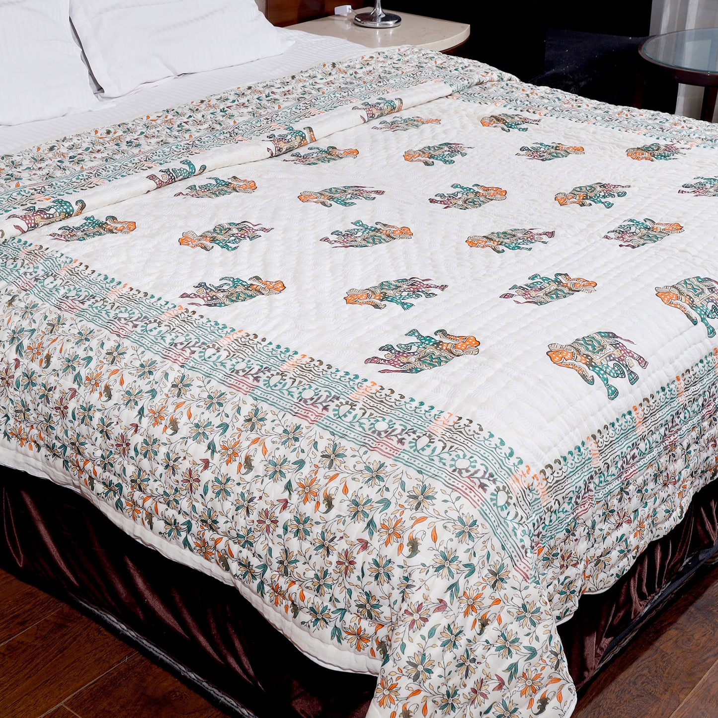 Multicolour Gold Printed Elephant and Floral Jaal Hand Screen Printed Double Bed AC Quilt