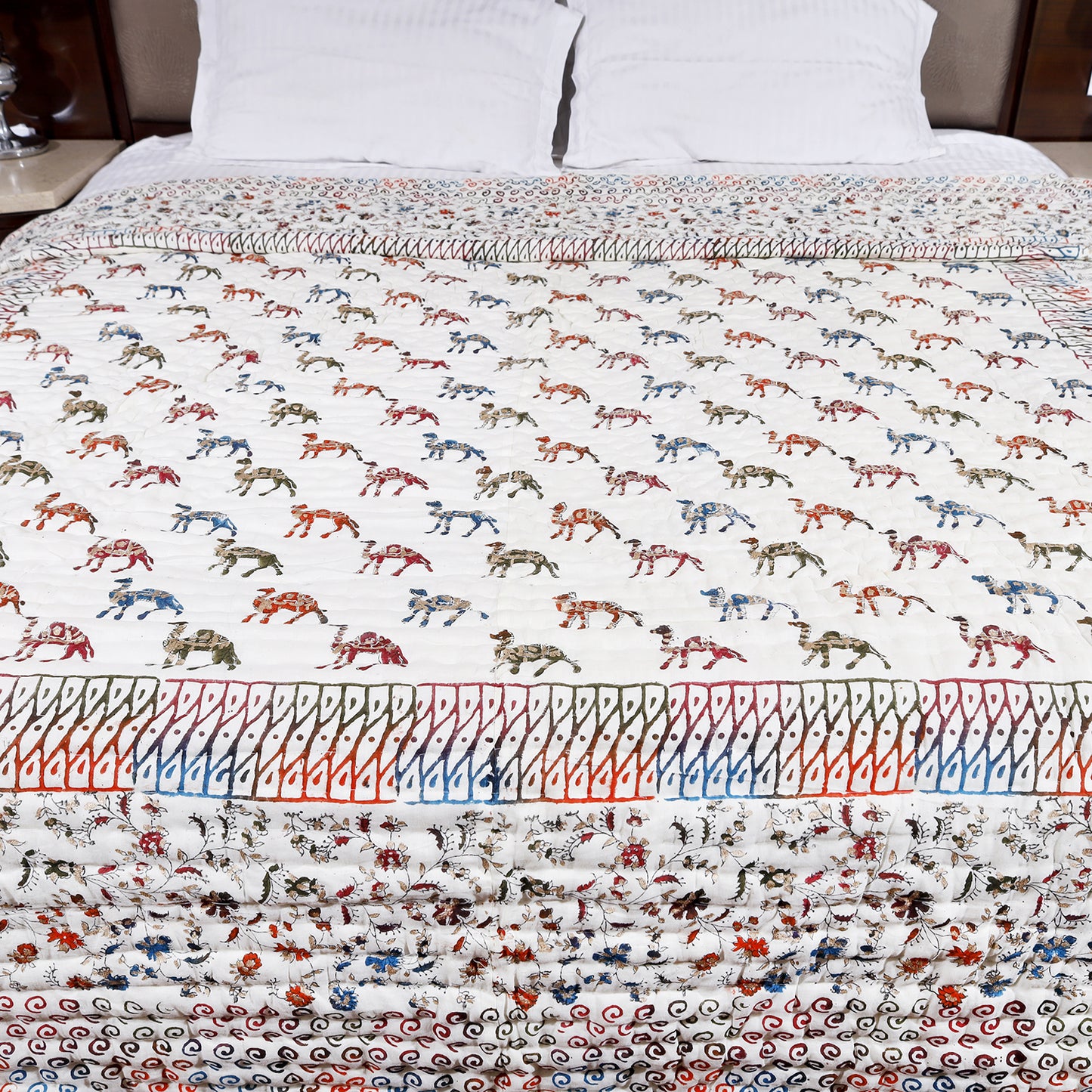 Multicolour Gold Camel Hand Block Print Cotton Mulmul Double Bed AC Quilt