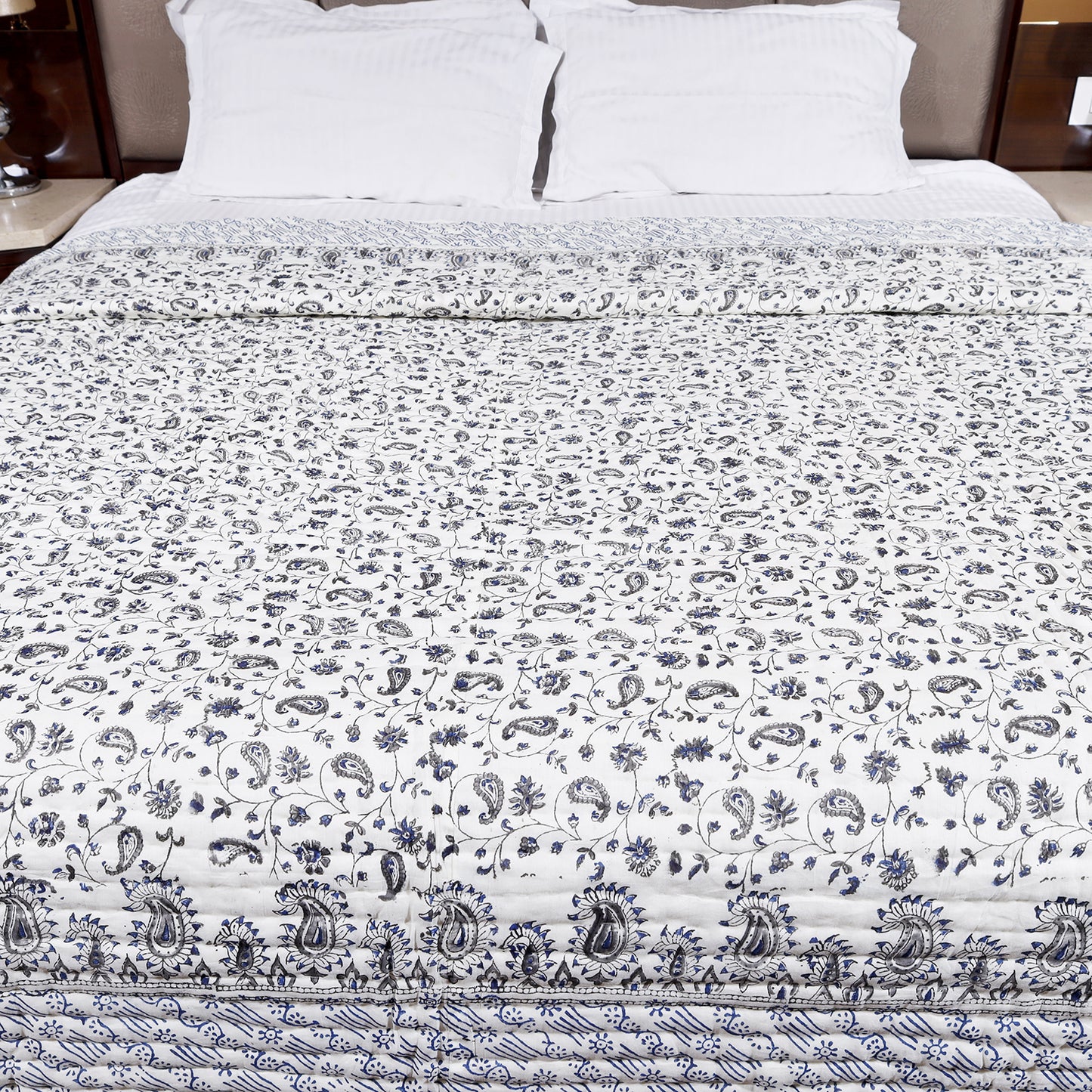 Blue and Grey Ambi Jaal Hand Block Print Cotton Double Bed AC Quilt