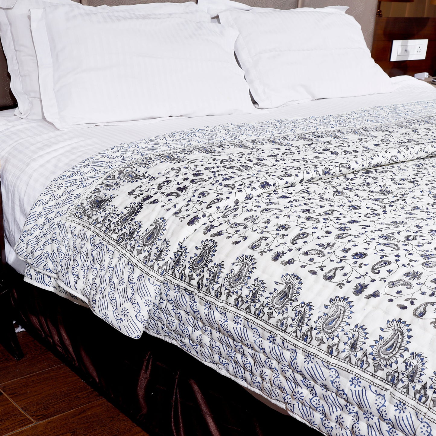 Blue and Grey Ambi Jaal Hand Block Print Cotton Double Bed AC Quilt