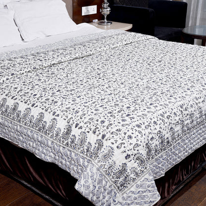 Blue and Grey Ambi Jaal Hand Block Print Cotton Double Bed AC Quilt