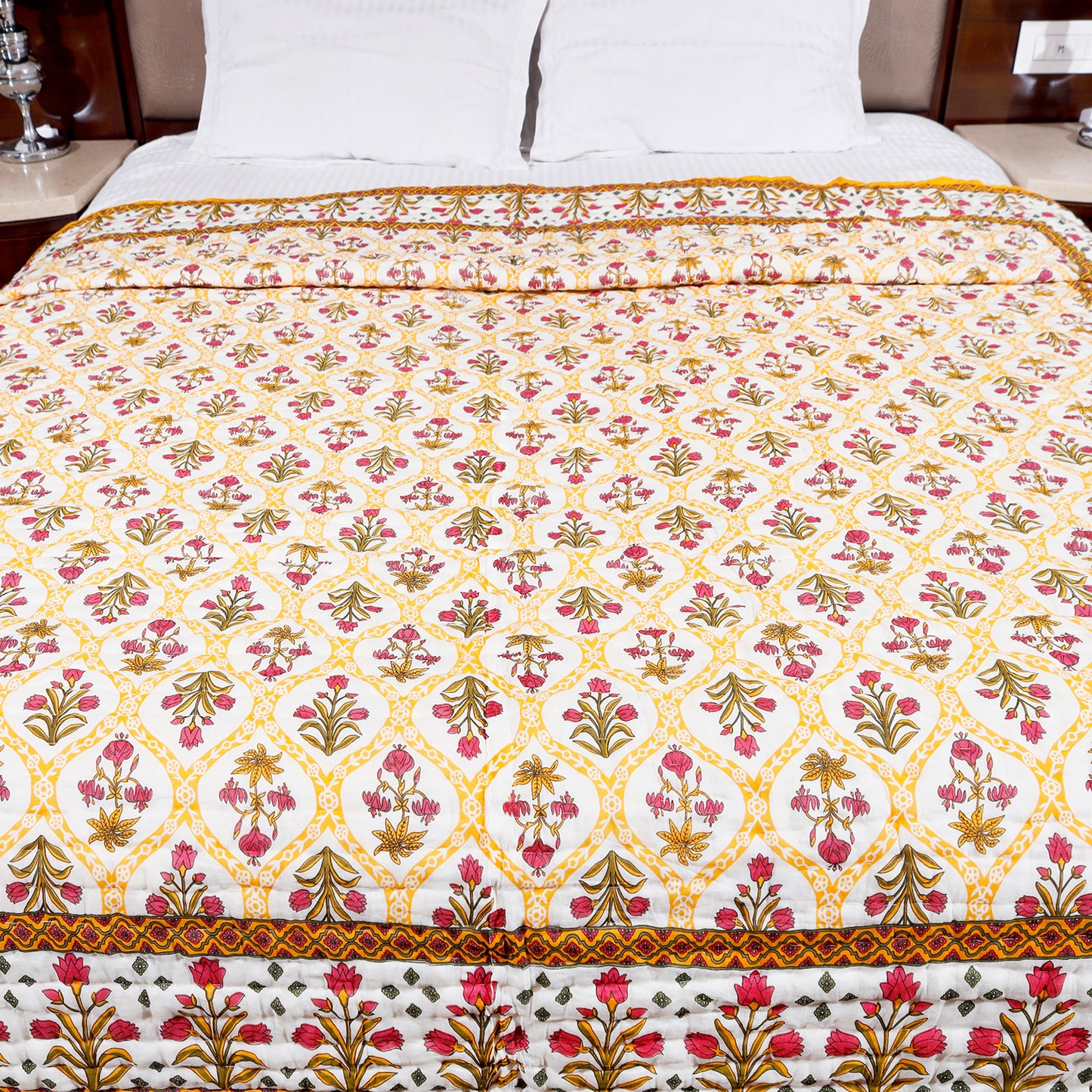 Red and Yellow Lily and Tulip Flower Seamless Pattern Hand Screen Printed Cotton Double Bed AC Quilt