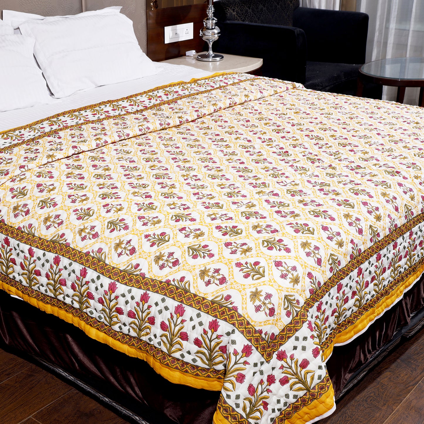 Red and Yellow Lily and Tulip Flower Seamless Pattern Hand Screen Printed Cotton Double Bed AC Quilt