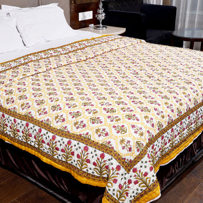 Red and Yellow Lily and Tulip Flower Seamless Pattern Hand Screen Printed Cotton Double Bed AC Quilt