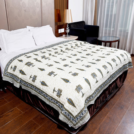 Olive Green Palm Tree and Intricate leaf Print Double Bed AC Quilt