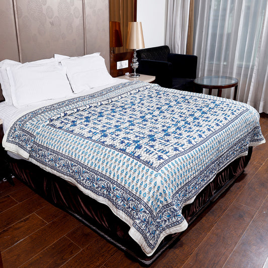 Blue Colour Maharaja Baraat Hand Screen Printed Cotton Double Bed AC Quilt