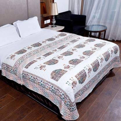 Multicolour Gold Printed Camel and Hawamahal Hand Screen Printed Double bed AC Comforter