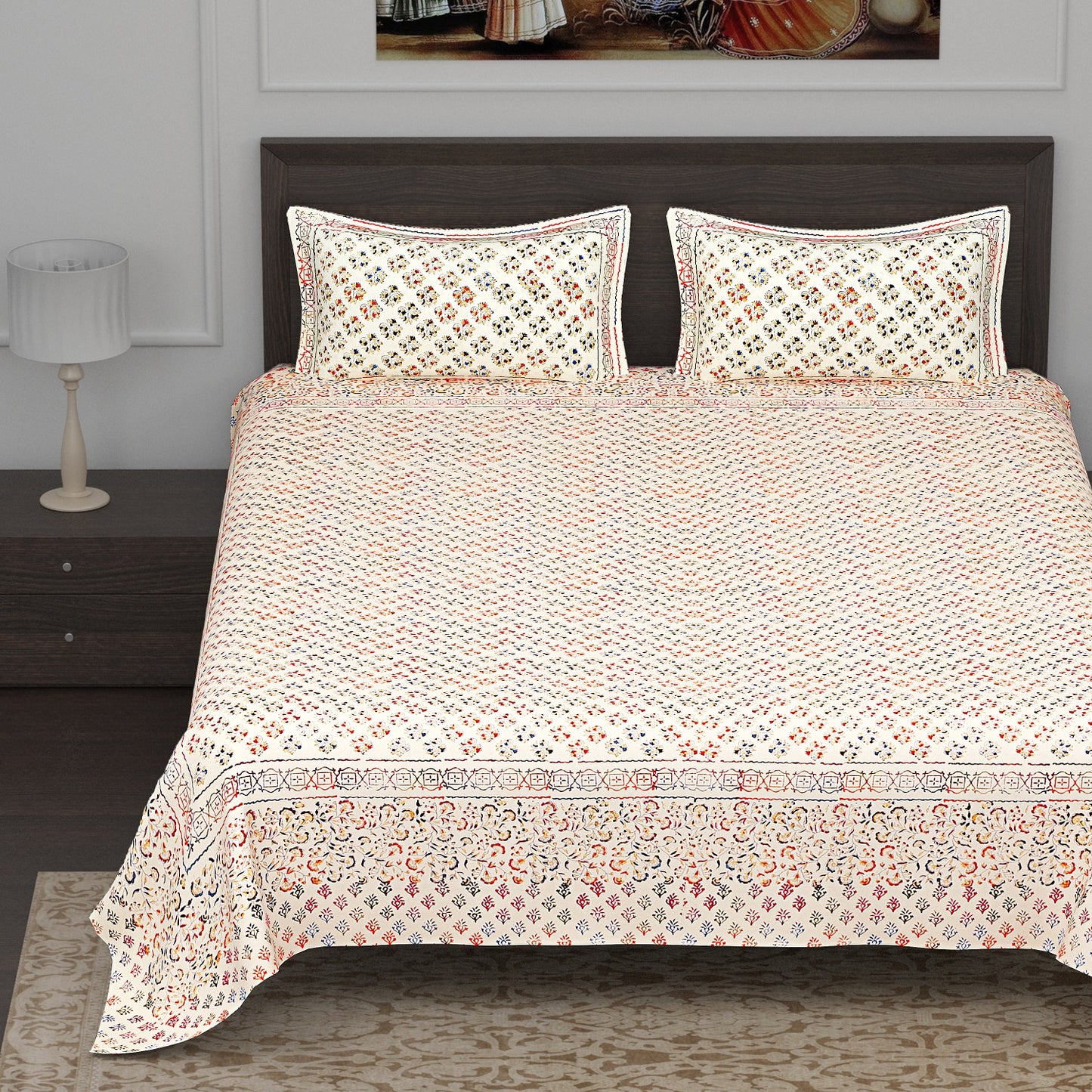 Multicolour Gold Floral Bootie Print Cotton Double Bedsheet