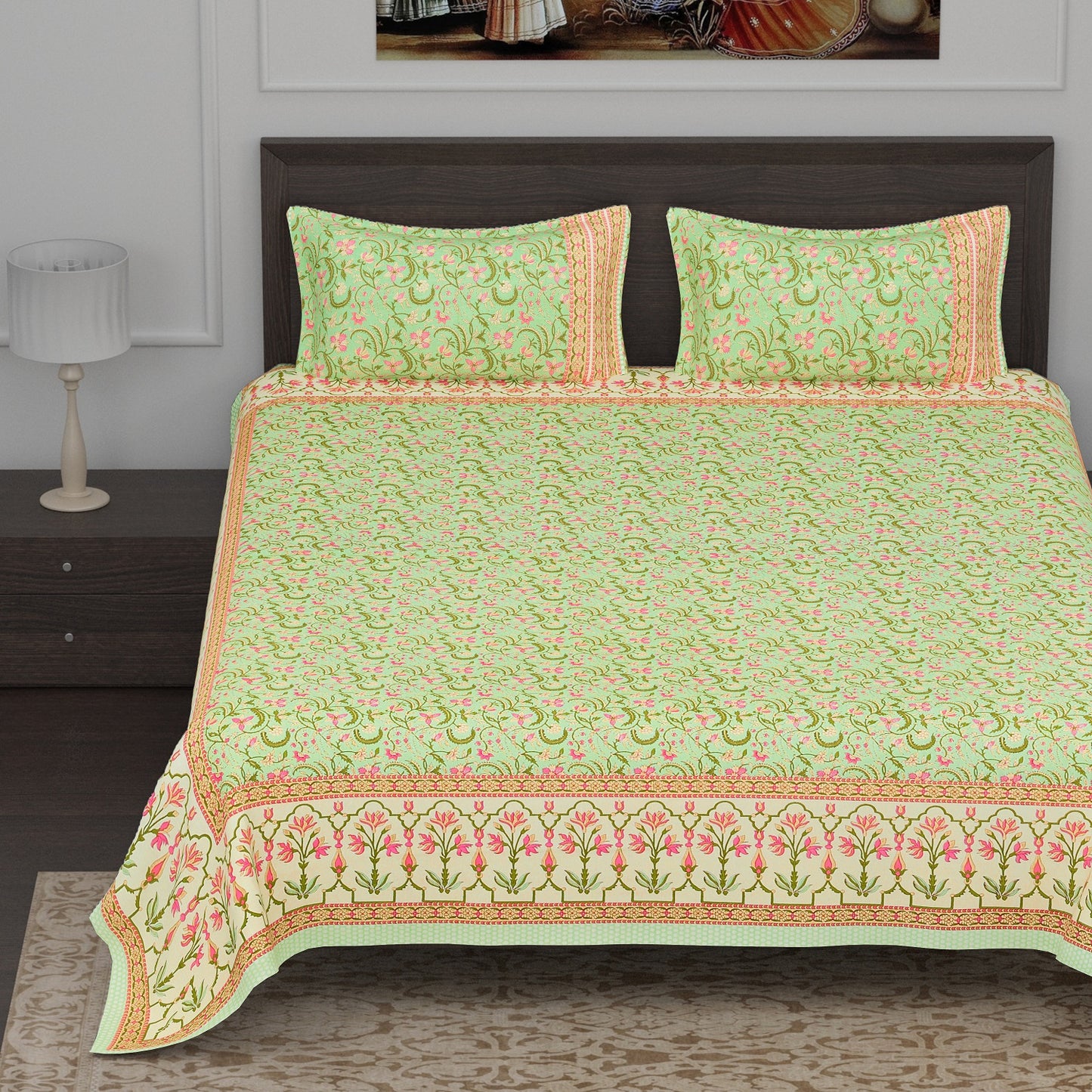 Pista Green Kalamkari Print Cotton Double Bedsheet