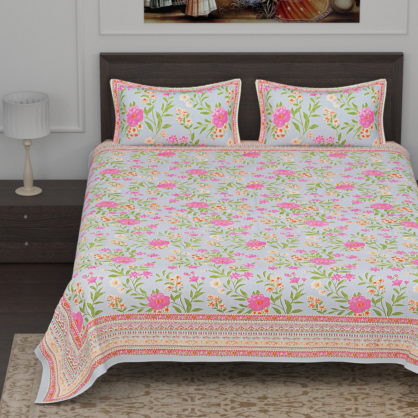 Pink and grey Bulgarian Rose blossom patterned Cotton Double Bedsheet