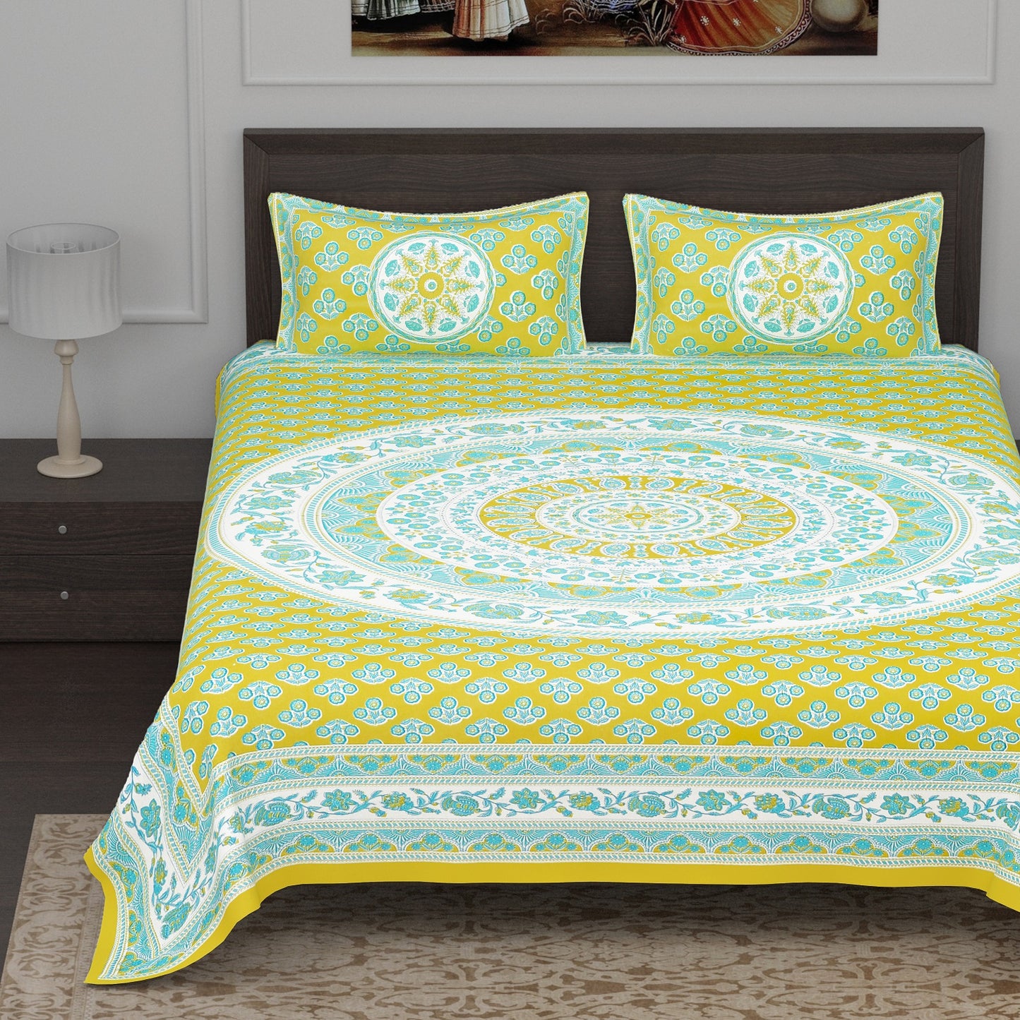 Aqua Blue and Greenish Yellow Circular Pattern Print Cotton Double Bedsheet