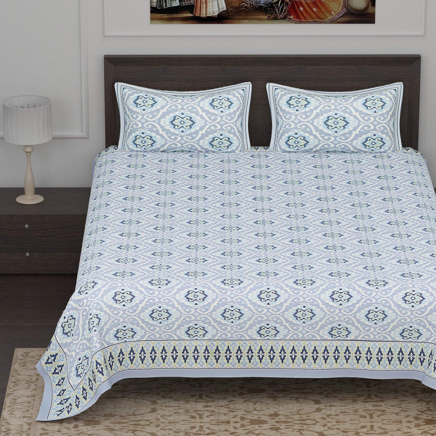 Blue and Grey Ikat Print Cotton King Size Bedsheet