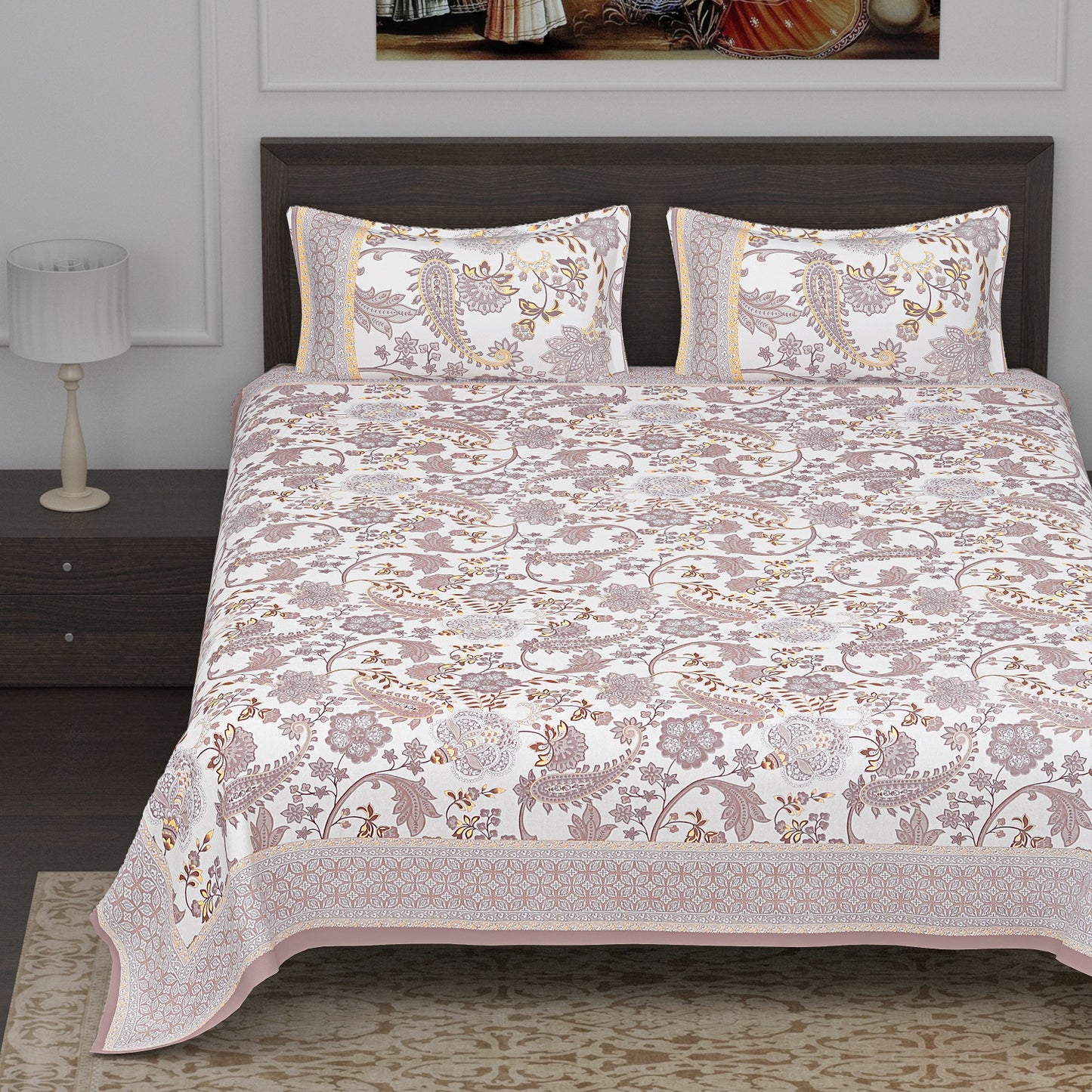 Grey and Brown Paisley Floral Seamless Pattern Cotton Double Bedsheet